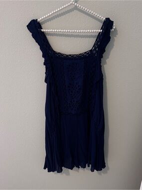 Free People Navy Crochet-Panel Sleeveless Dress